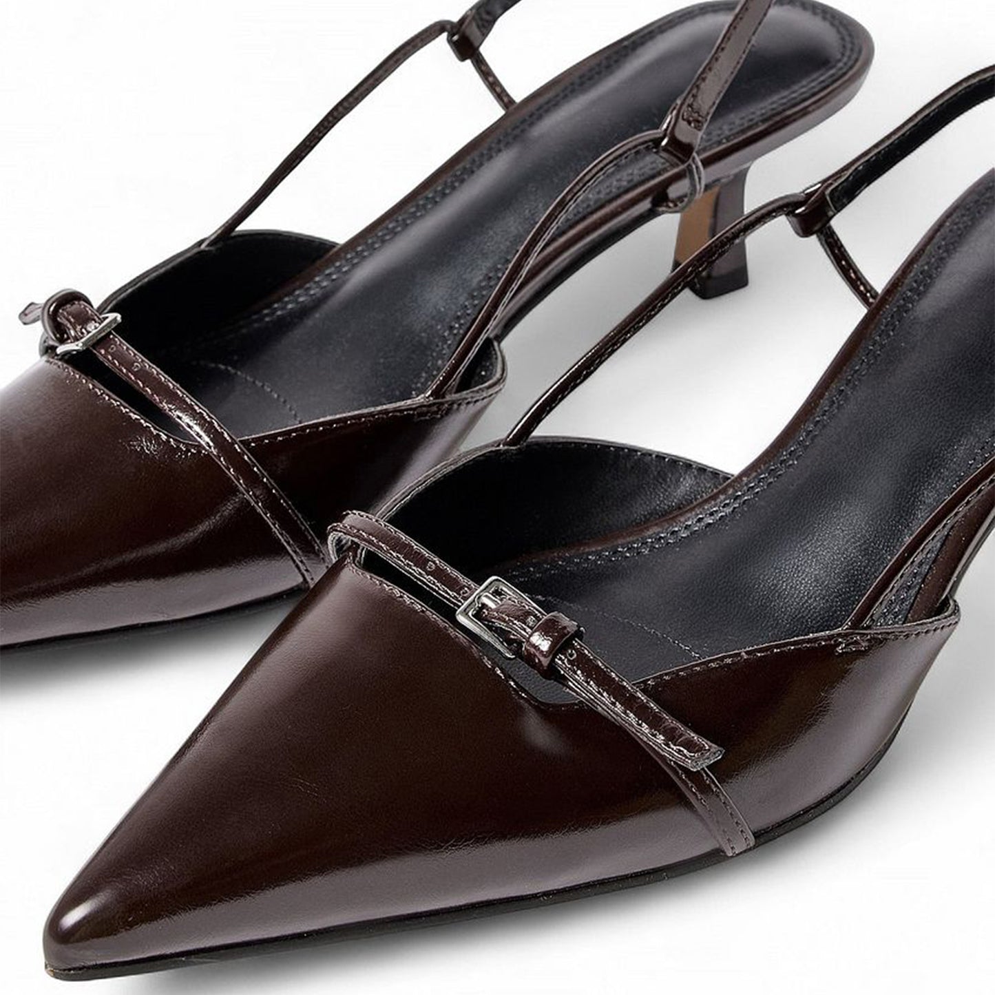 Brown Pointed-Toe Strappy Slingback Kitten Heels Pumps