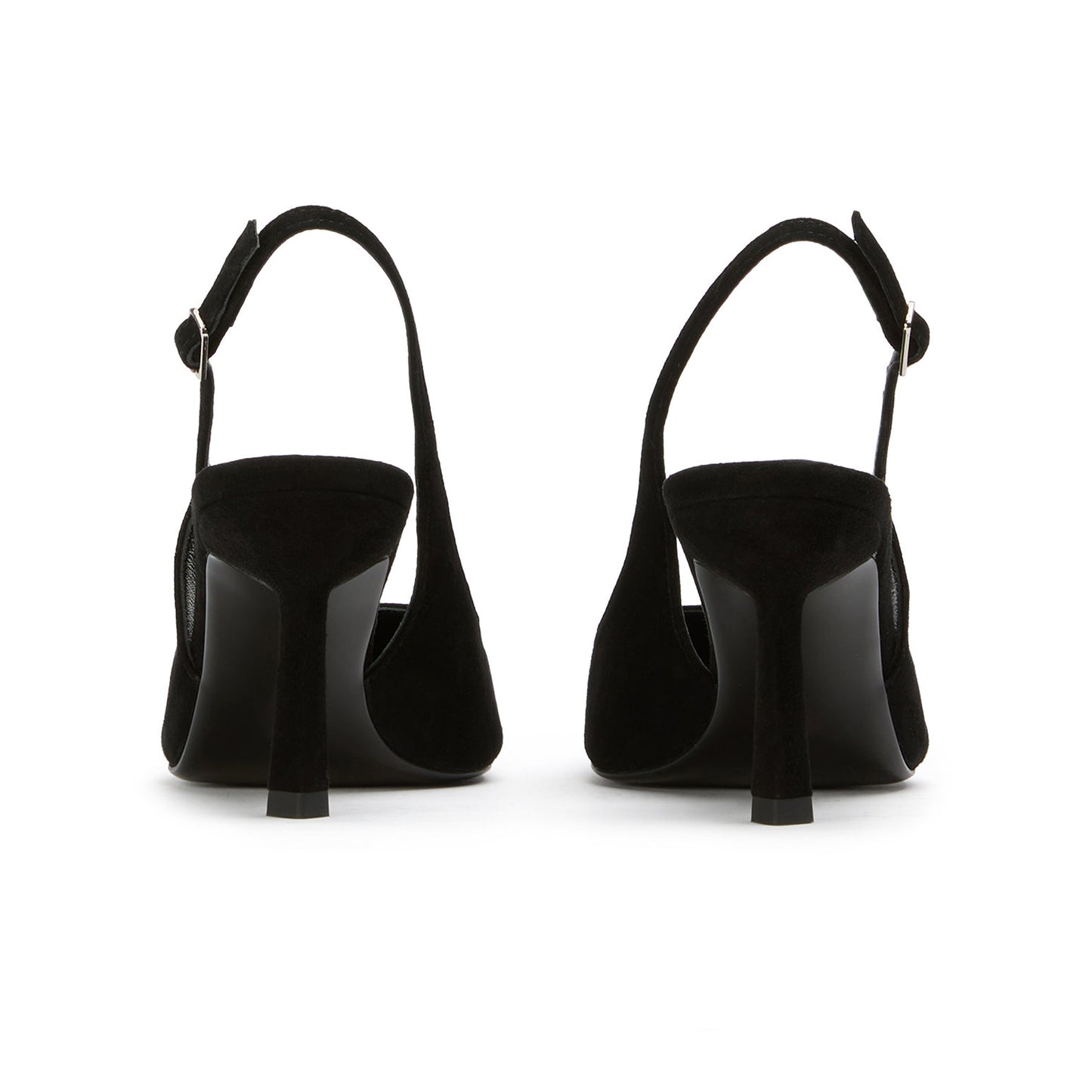 Black Faux Suede Pointed-Toe Classic Buckle Slingback Kitten Heels