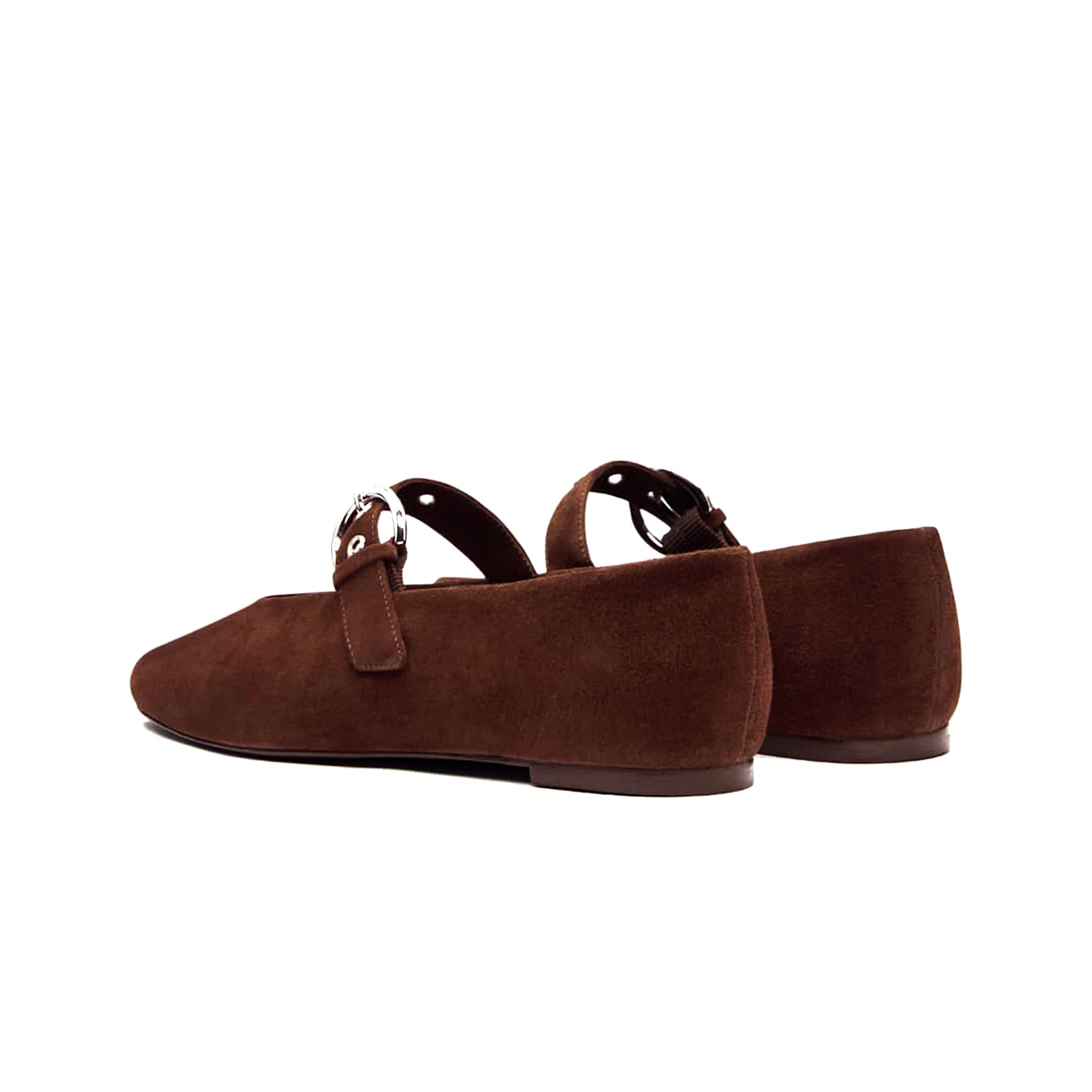 Coffee Faux Suede Square-Toe Classic Buckle Bridge Strap Ballet Flats