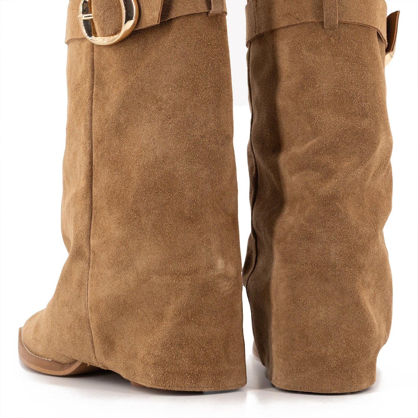 Tan Faux Suede Pointed-Toe Fold-Over Shaft Buckle Mid Calf Cowgirl Boots