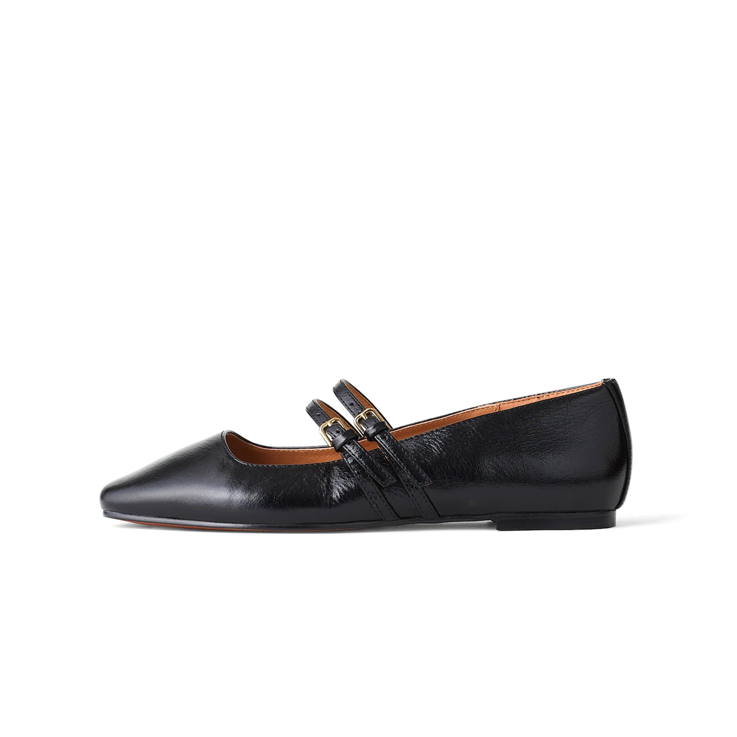 Black Square-Toe Double Buckle Bridge Strap Flats