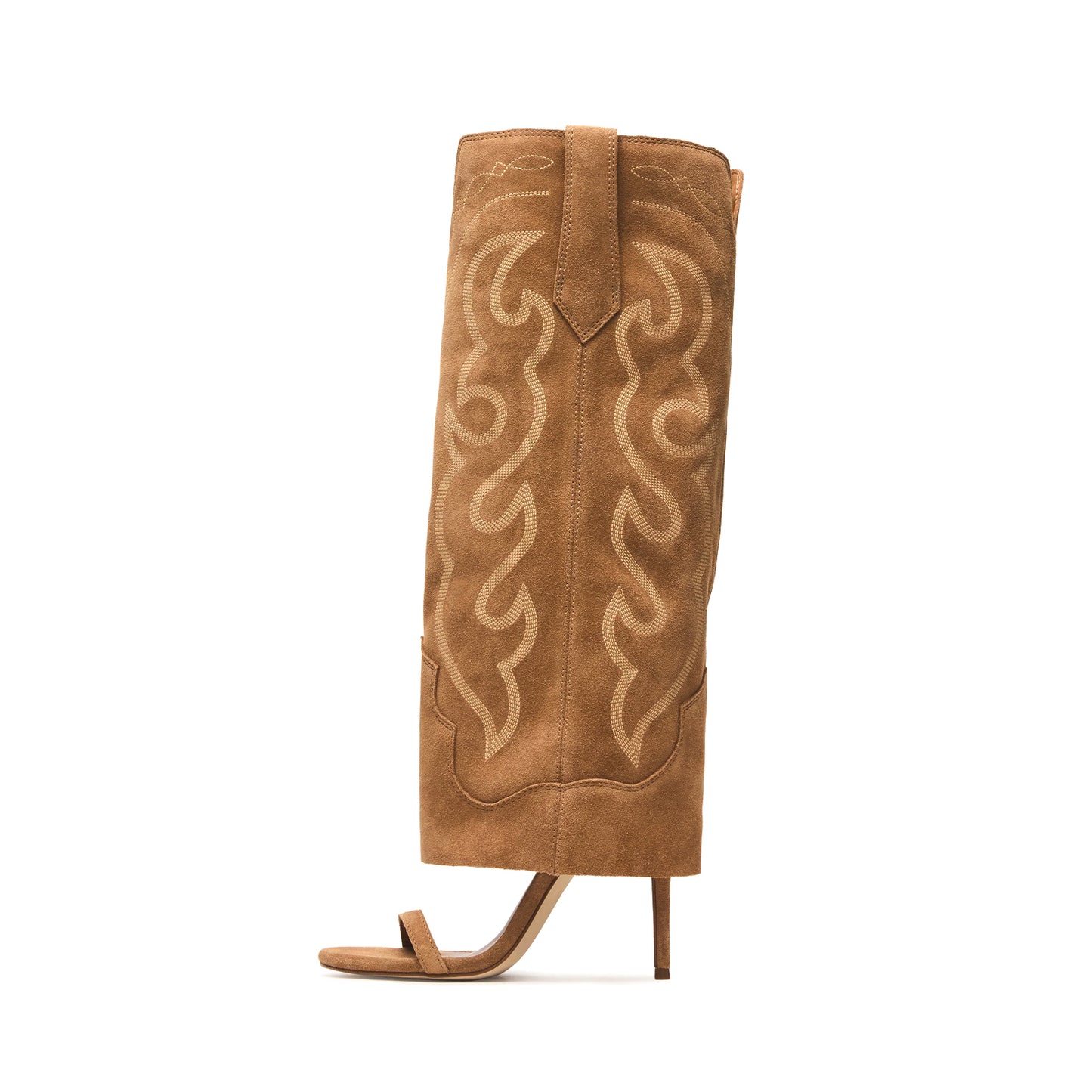 Tan Faux Suede Open Round-Toe Fold-Over Embroidery Wide Calf Knee High Stiletto Boots.