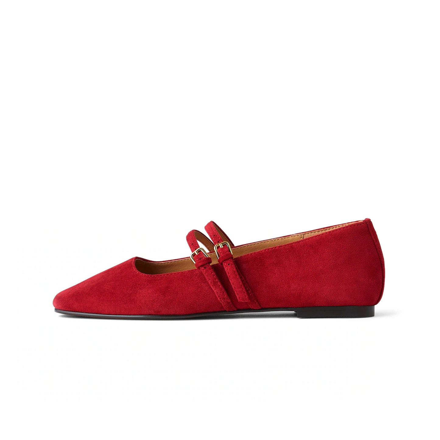 Red Faux Suede Square-Toe Double Buckle Bridge Strap Flats