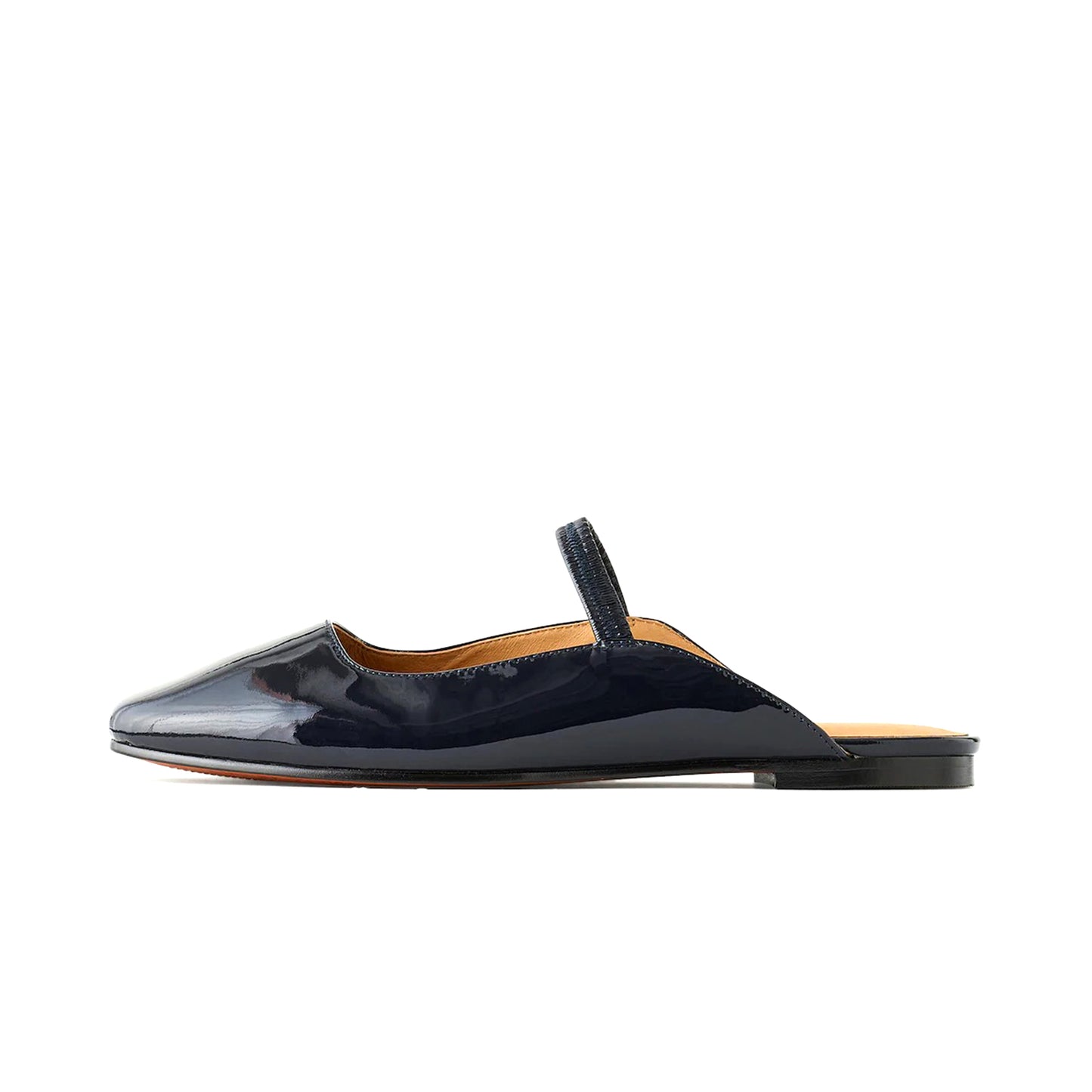 Patent Indigo Square-Toe Bridge Strap Slip-On Flats