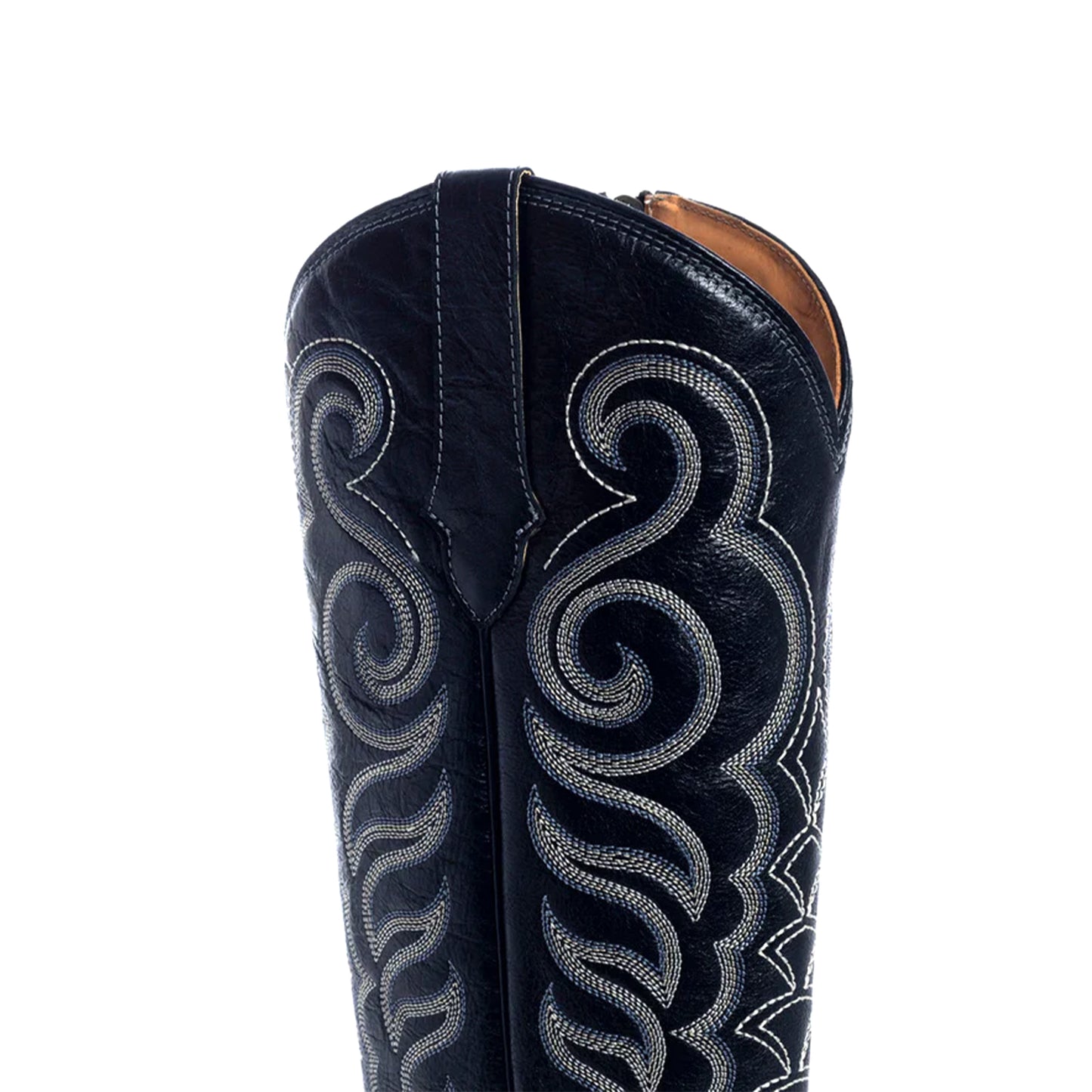 Black Almond-Toe Curled Embroidery Full-Zip Knee High Cowgirl Boots