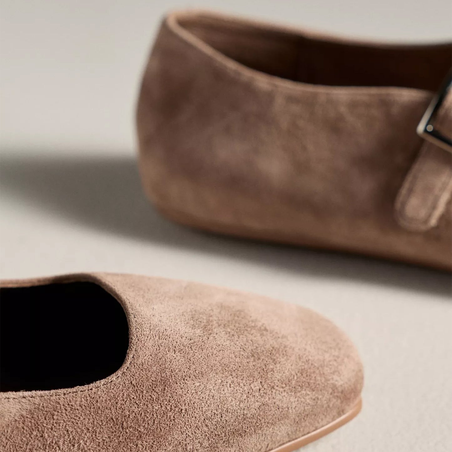 Taupe Faux Suede Square-Toe Bridge Strap Mary Janes Flats