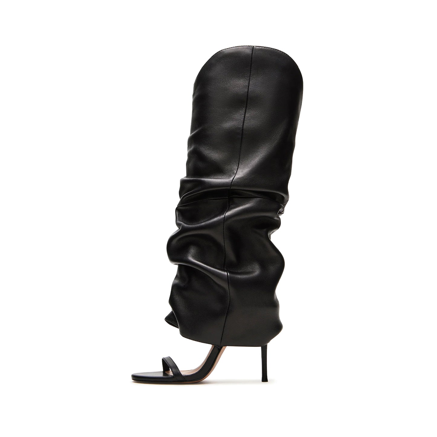 Black Open Round-Toe Fold-Over Wide Calf Knee High Stiletto Boots