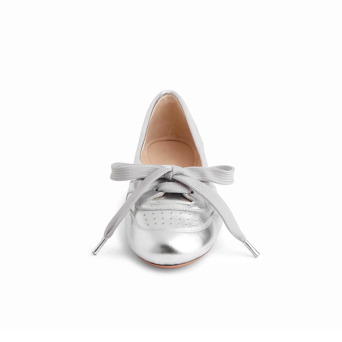 Metallic Silver Round-Toe Front Lace-Up Slip-On Ballet Flats