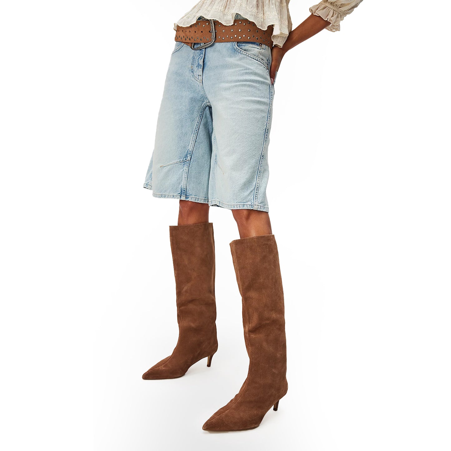 Tan Faux Suede Pointed-Toe Wide Calf Knee High Stiletto Boots