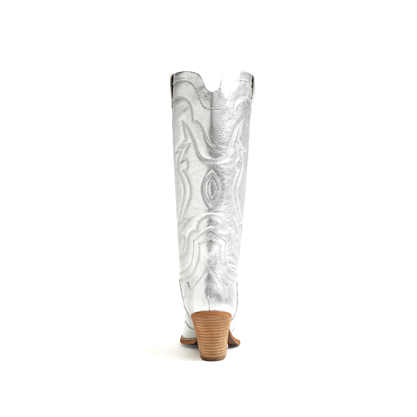 Metallic Silver Pointed-Toe Embroidery Wide Calf Knee High Cowgirl Boots