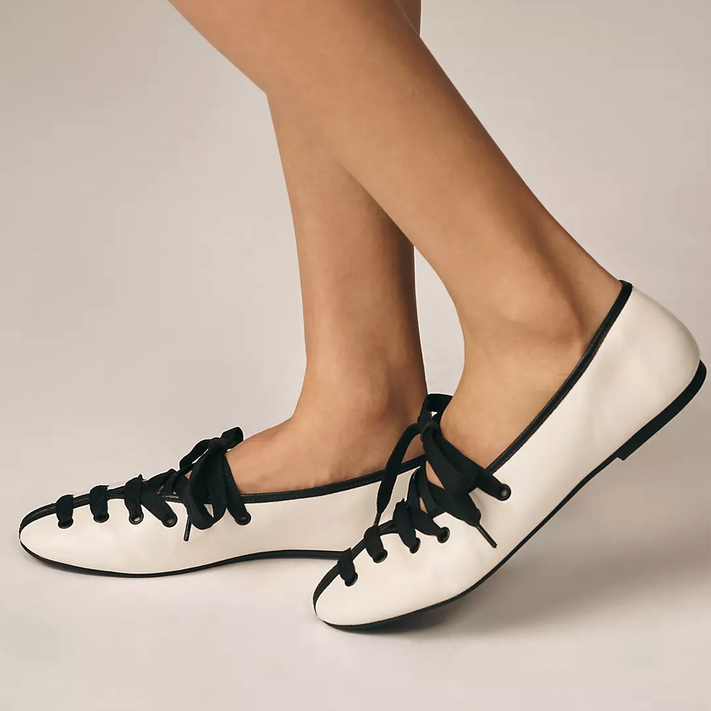 White Round-Toe Black Lace-Up Ballet Flats