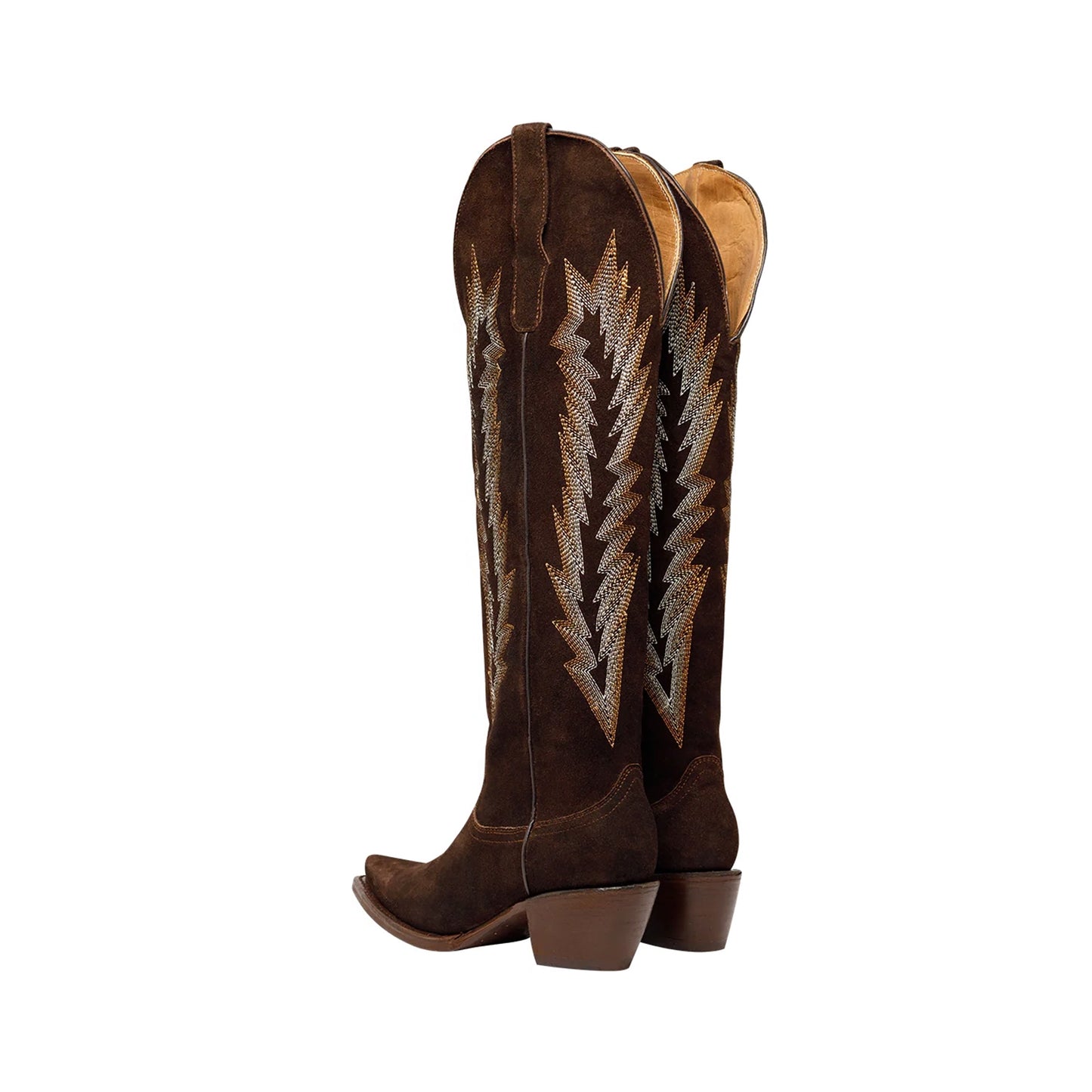 Chocolate Faux Suede Snip-Toe Embroidery Wide Calf Over-The-Knee Cowgirl Boots