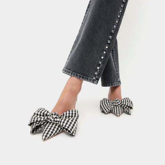 Gingham Satin Pointed-Toe Front Big Bow High Heels