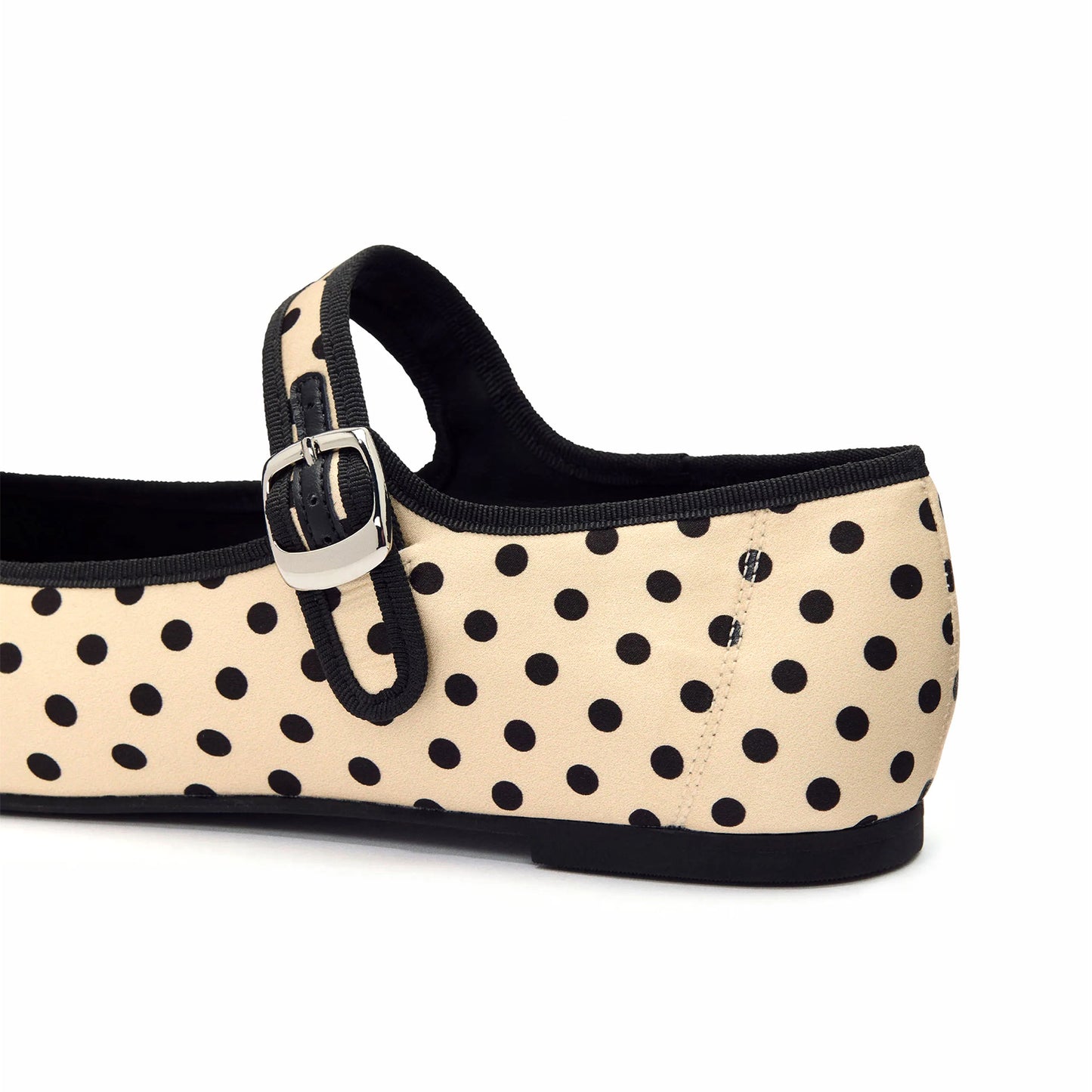 Cream Polka Dot Satin Round-Toe Bridge Buckle Strap Ballet Classic Flats