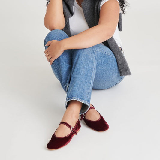 Wine Red Velvet Round-Toe Vegan Leather Bridge Strap Ballet Flats