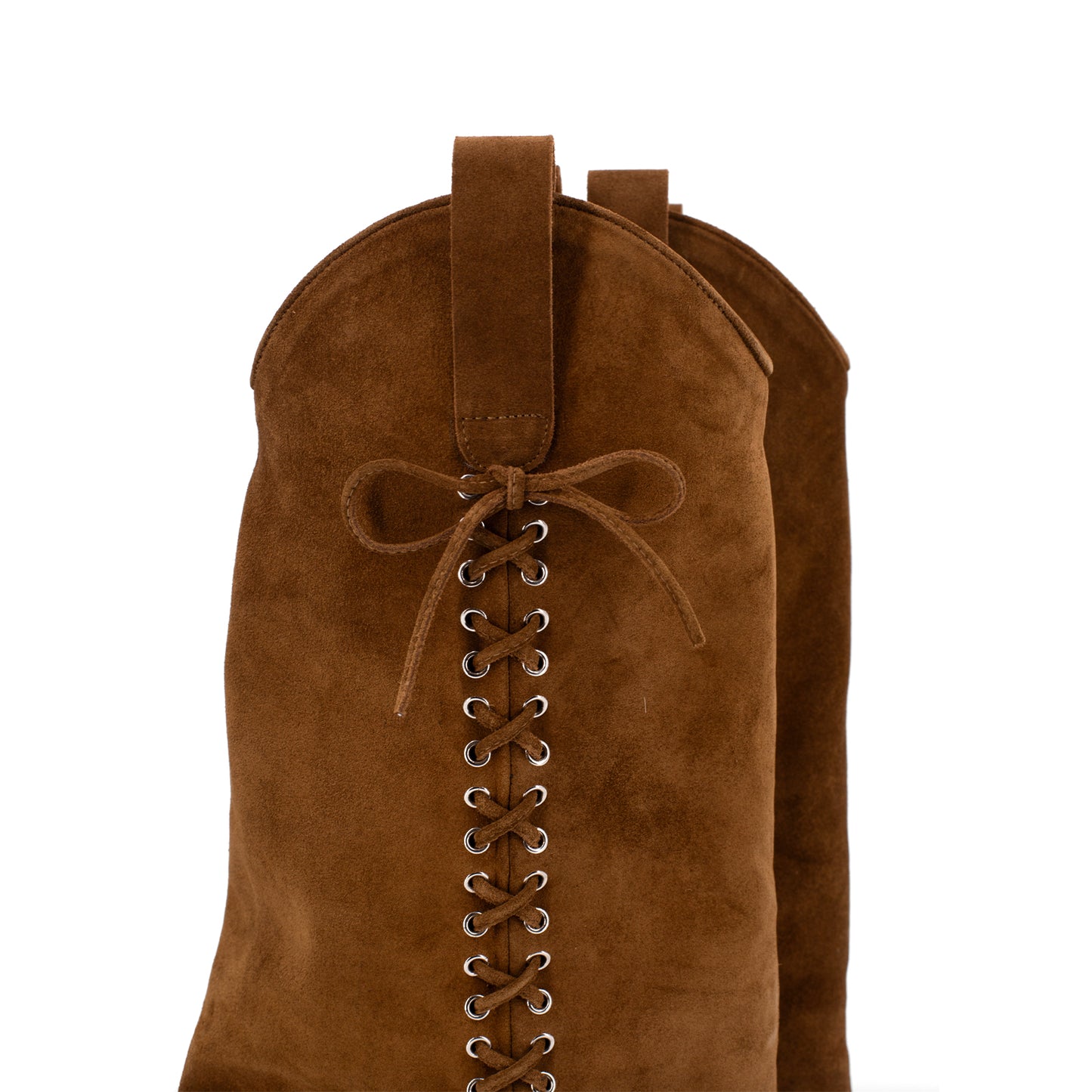 Tan Faux Suede Pointed-Toe Fold-Over Side Lace-Up Mid Calf Cowgirl Boots