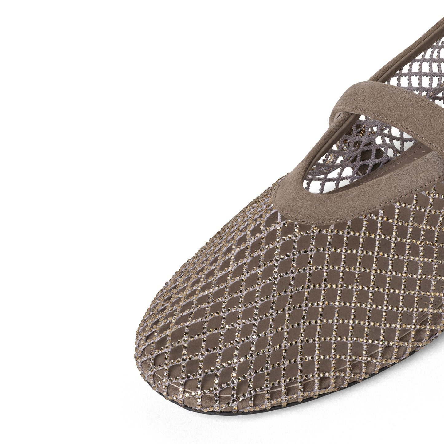 Dark Gray Mesh With Rhinestones Round-Toe Mary Jane Ballet Flats