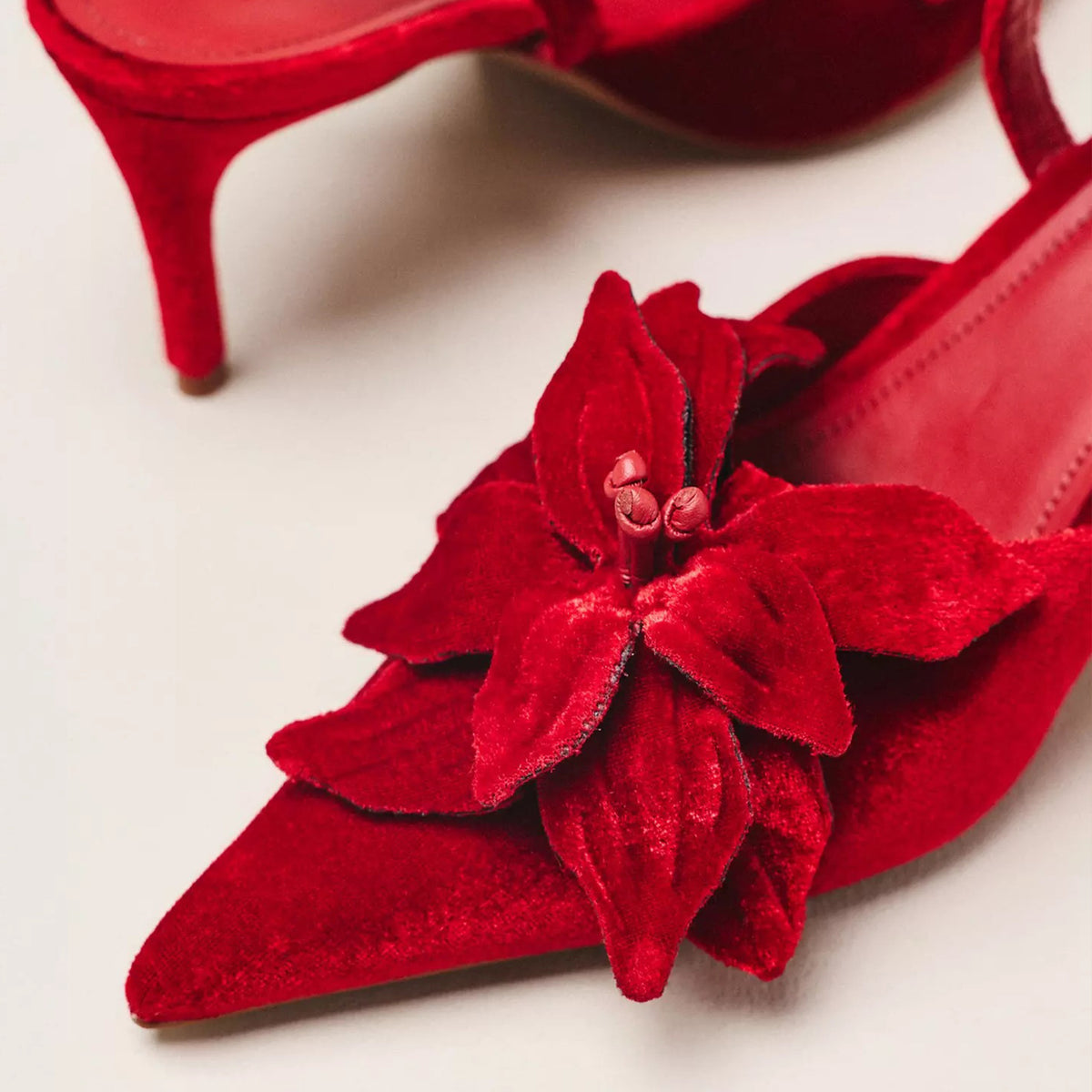 Red Velvet Pointed-Toe Front Floral Applique Slingback Kitten Heels