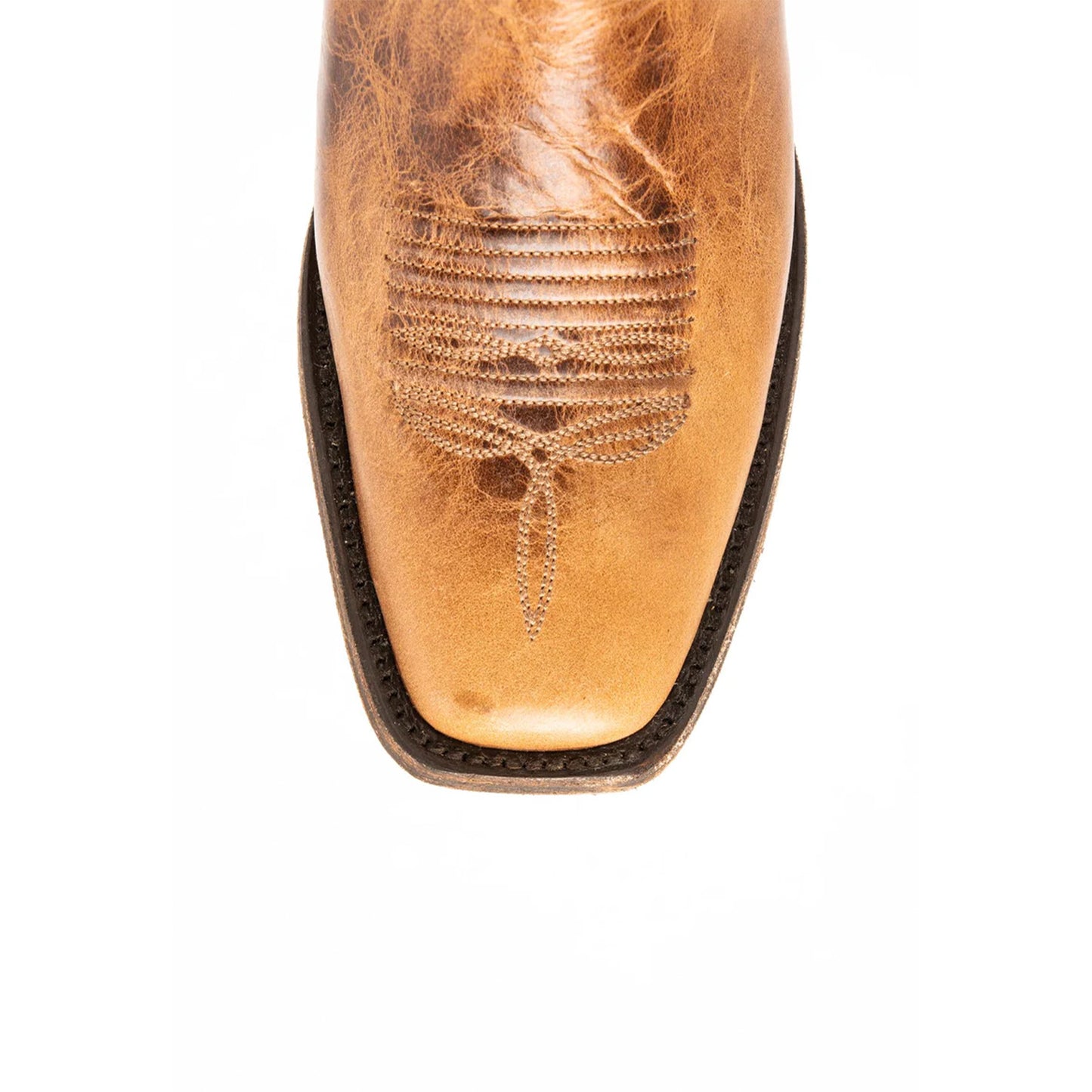 Distressed Contrast Brown And Tan Square-Toe Embroidery Mid Calf Cowgirl Boots