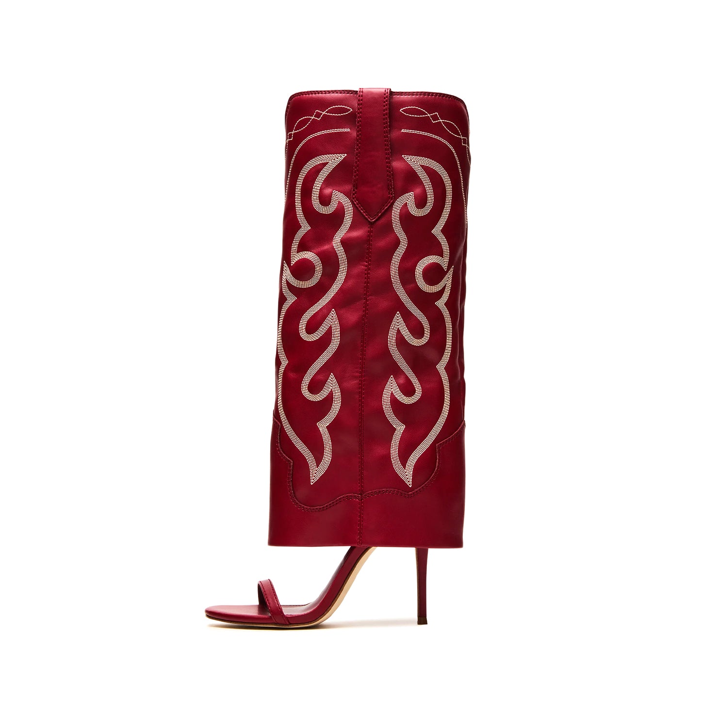 Red Open Round-Toe Fold-Over Embroidery Wide Calf Knee High Stiletto Boots
