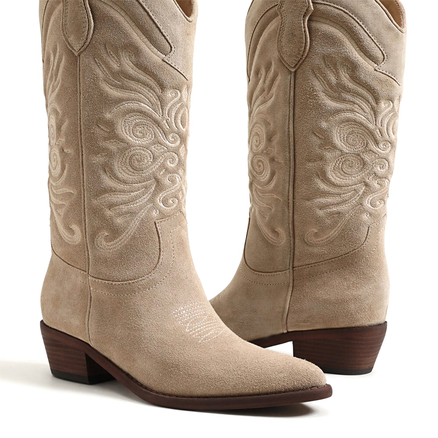 Bone Faux Suede Pointed-Toe Chic Embroidery Mid Calf Cowgirl Boots