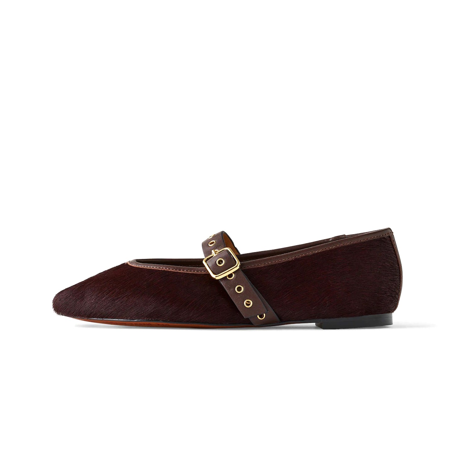 Chocolate Pony Hair Round-Toe Buckle Bridge Strap Slip-On Flats