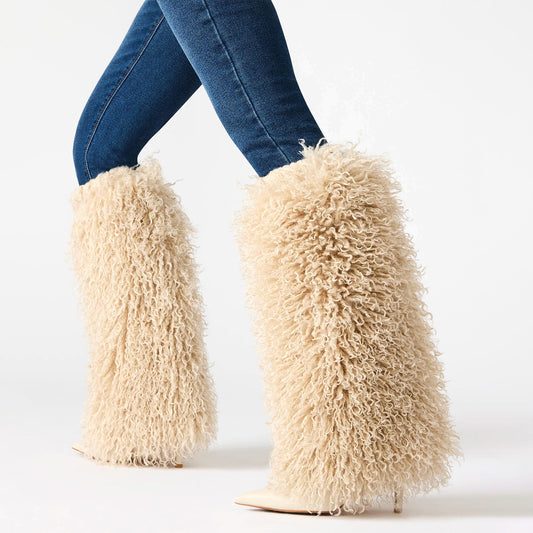Beige Pointed-Toe Full Plush Wide Calf Knee High Stiletto Boots