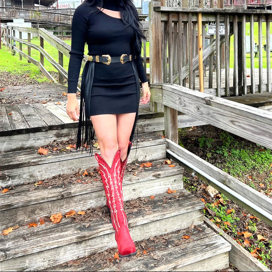 Red Snip-Toe Embroidery Rhinestone Wide Calf Knee High Cowgirl Boots