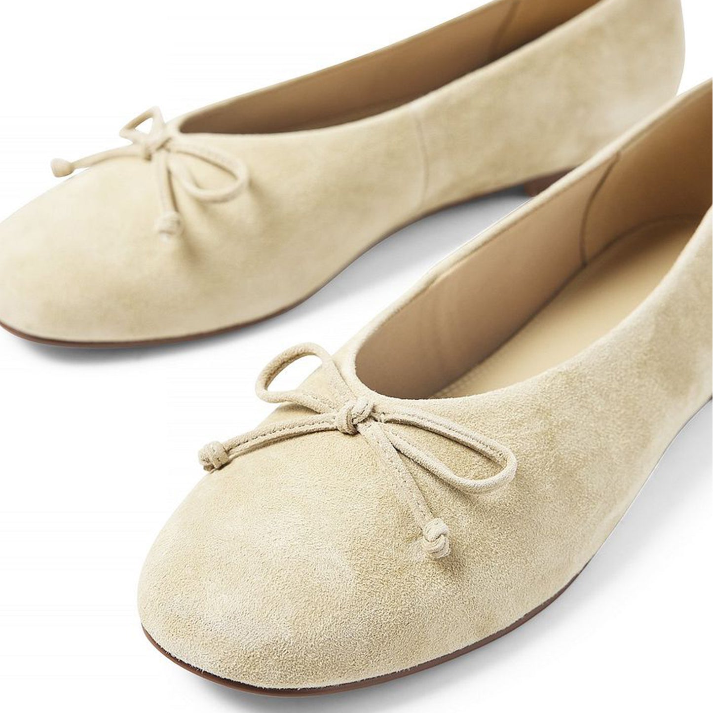 Light Beige Faux Suede Round-Toe Classic Front Bow Detail Ballet Flats