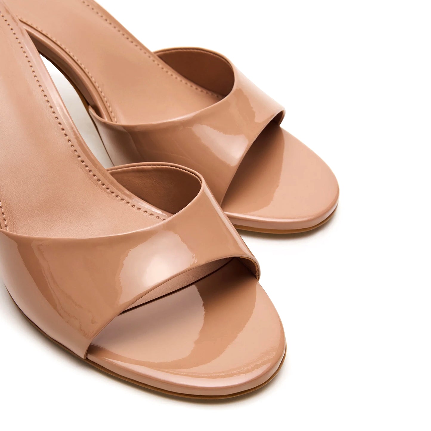 Patent Tan Round-Toe Slip-On Mule Kitten Heels