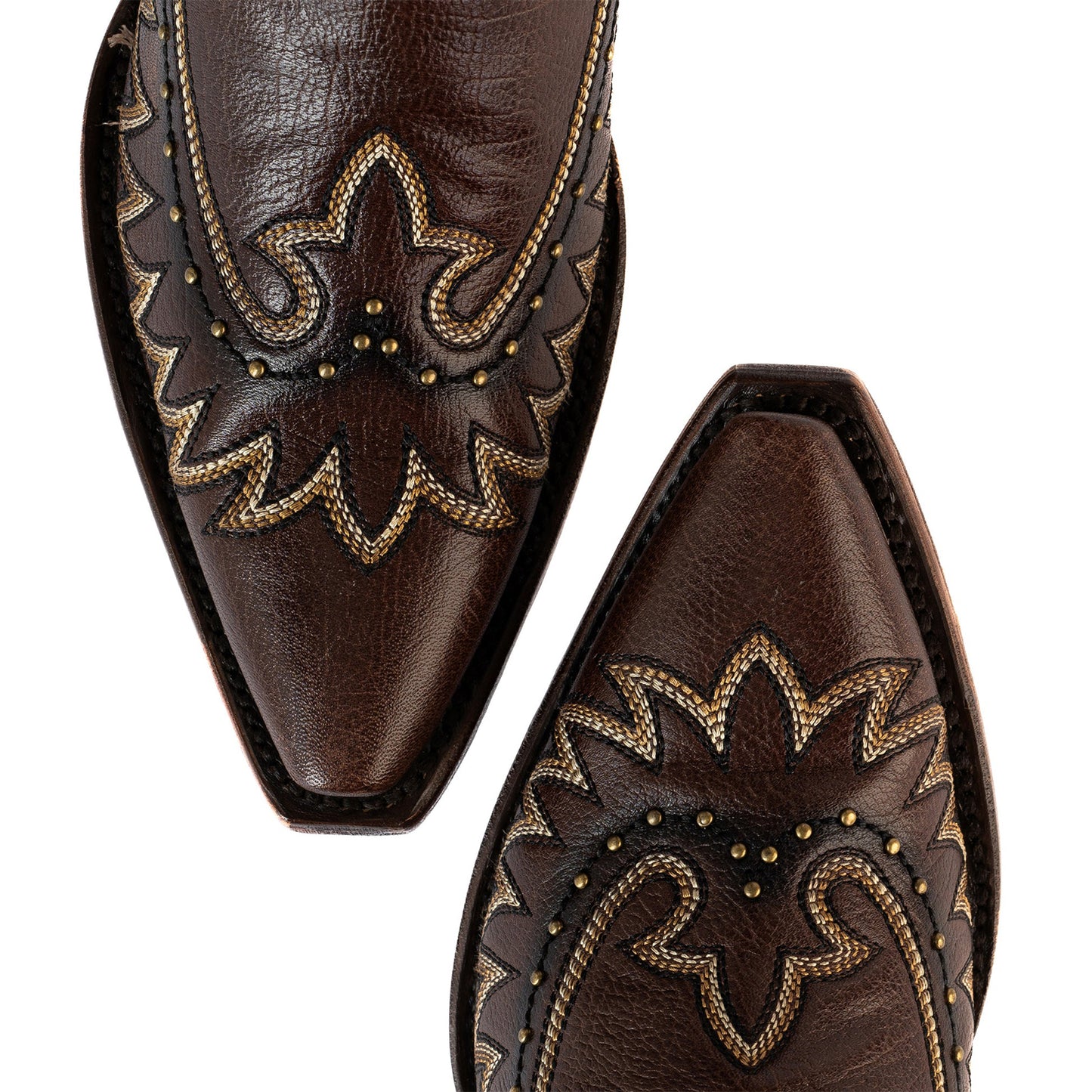 Brown Snip-Toe Wings Embroidery Studded Half-Zip Knee High Cowgirl Boots