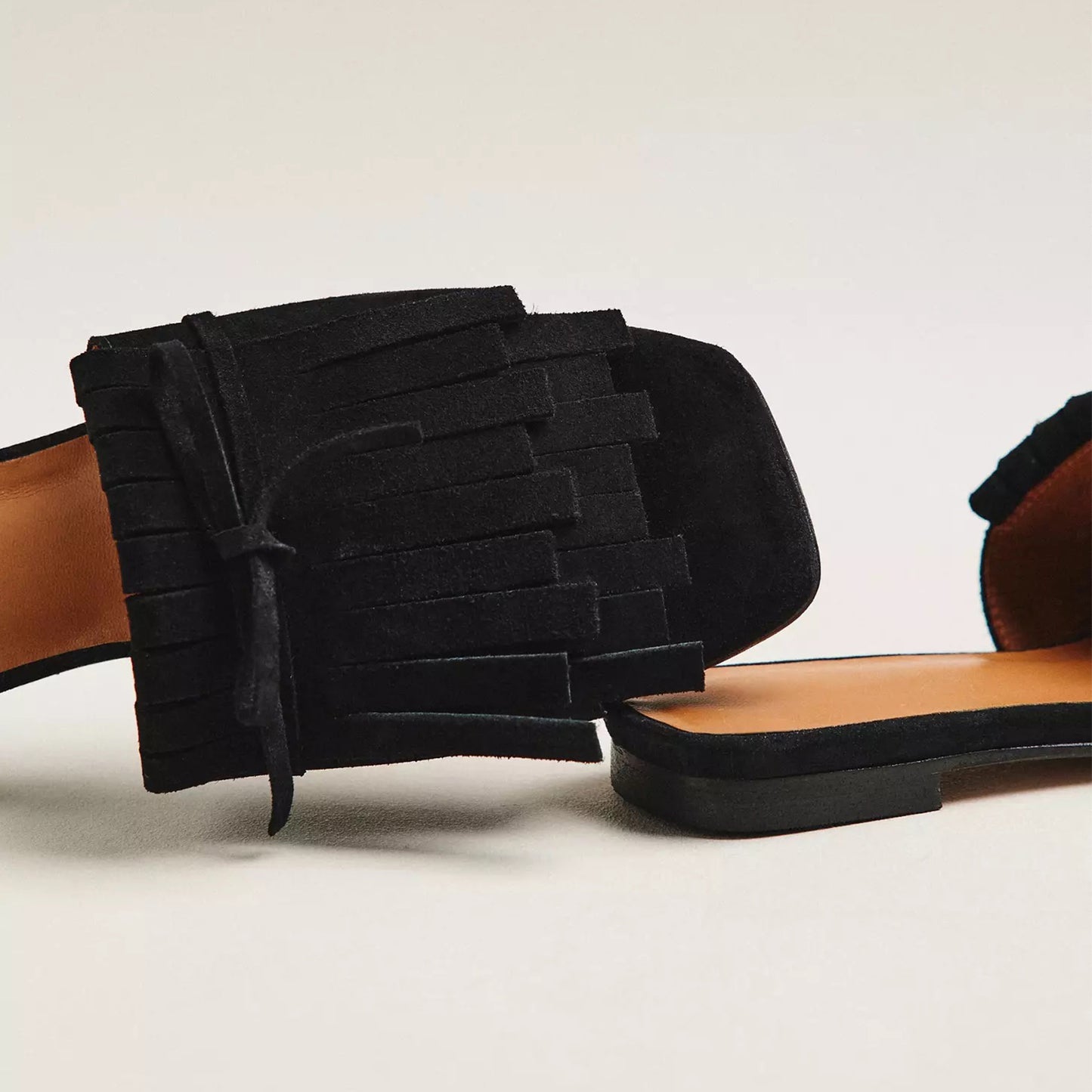 Black Faux Suede Peep Square-Toe Front Fringe And Bow Sandals Flats