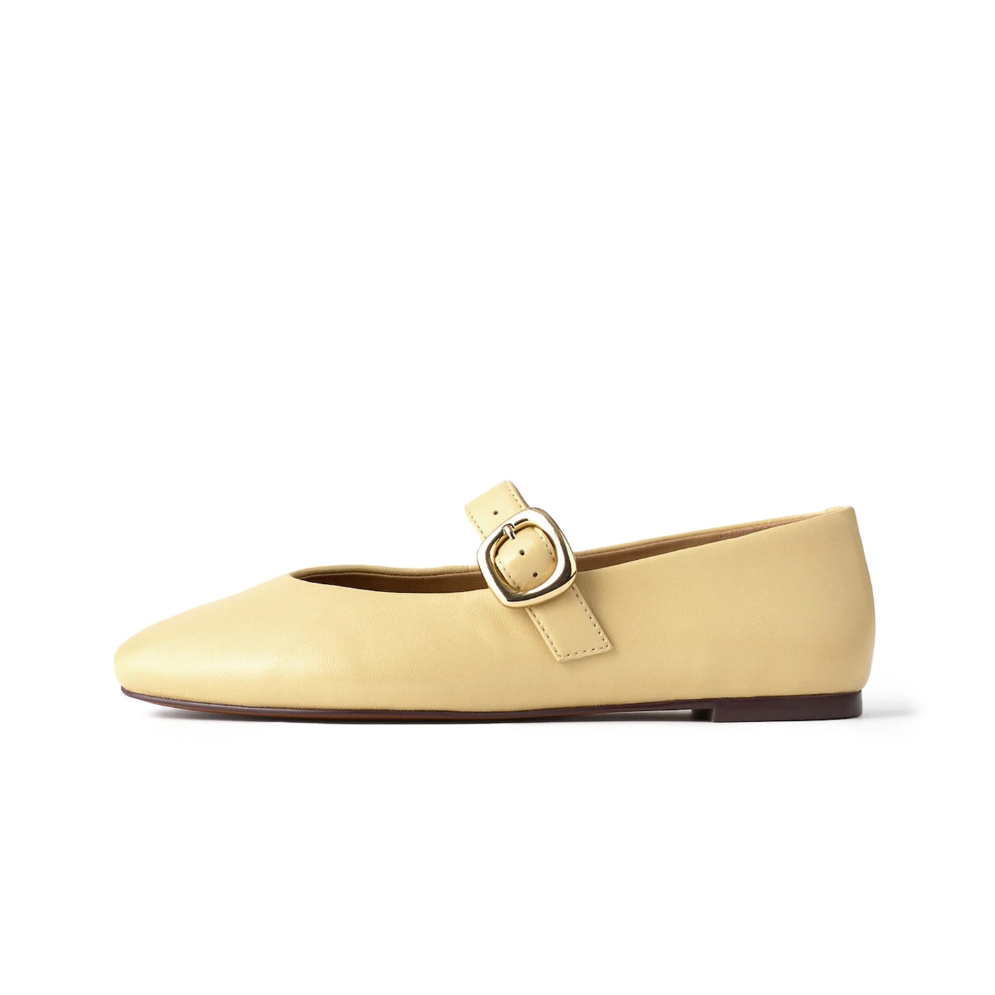 Yellow Vegan Leather Round-Toe Buckle Bridge Strap Slip-On Flats