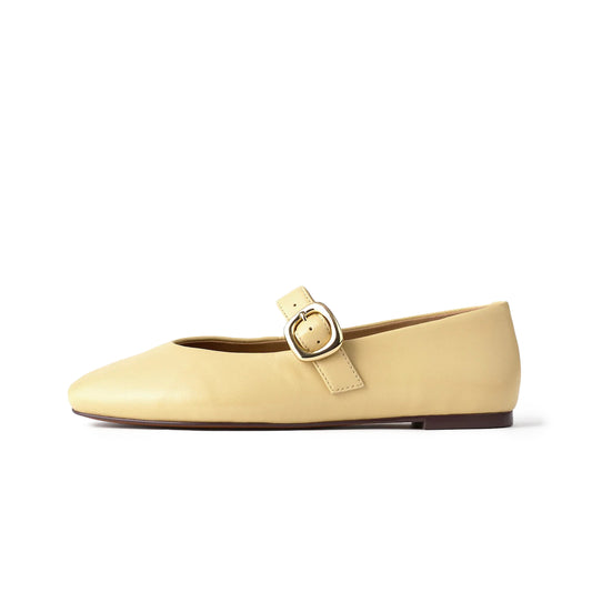 Yellow Vegan Leather Round-Toe Buckle Bridge Strap Slip-On Flats