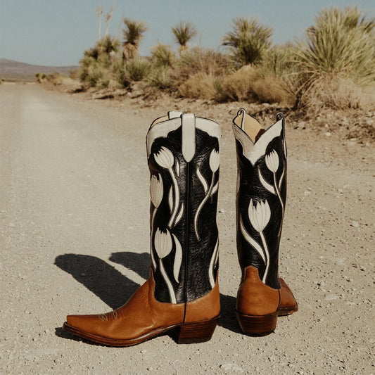 Contrast Black And Brown Snip-Toe Tulip Inlay Wide Calf Knee High Cowgirl Boots