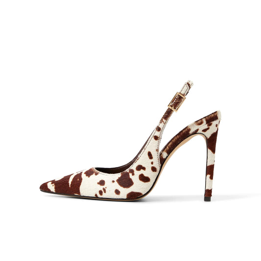 Cow Print Pony Hair Pointed-Toe Slingback Slip-On High Heels