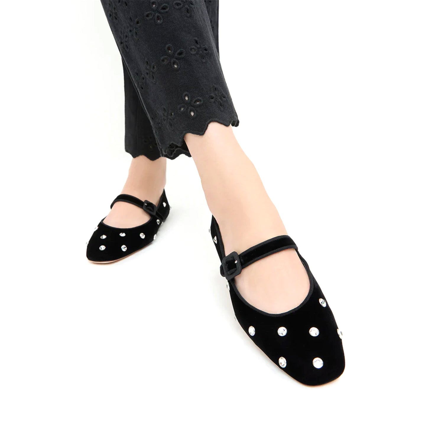 Black Velvet Square-Toe Bridge Strap Ballet Flats With Rhinestones