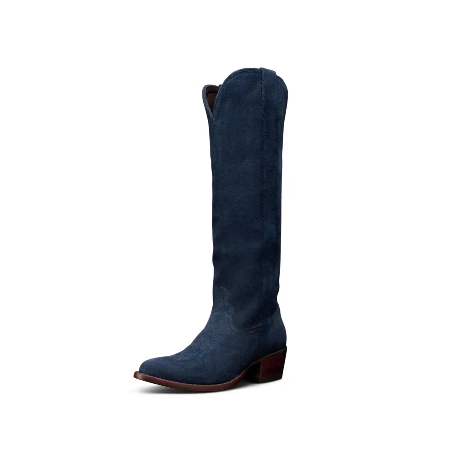 Navy Blue Faux Suede Almond-Toe Embroidery Wide Calf Knee High Cowgirl Boots