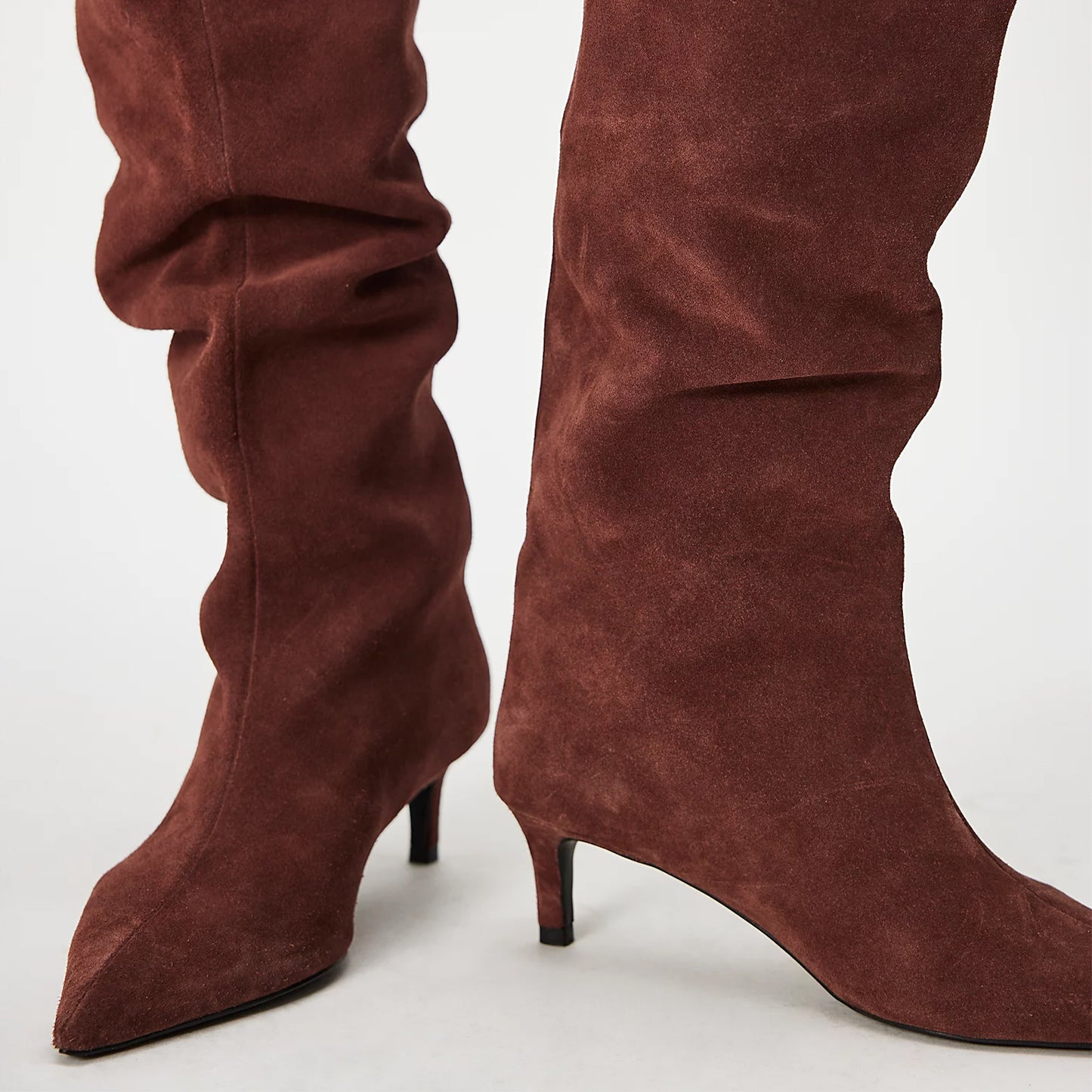Coffee Faux Suede Pointed-Toe Wide Calf Knee High Stiletto Boots