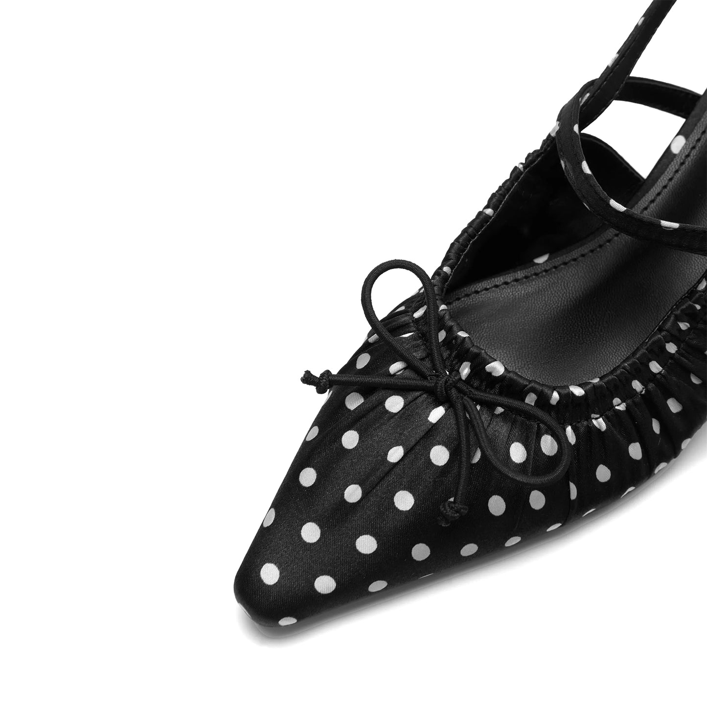 Black Satin White Polka Dot Pointed-Toe Back Strap Kitten Heels