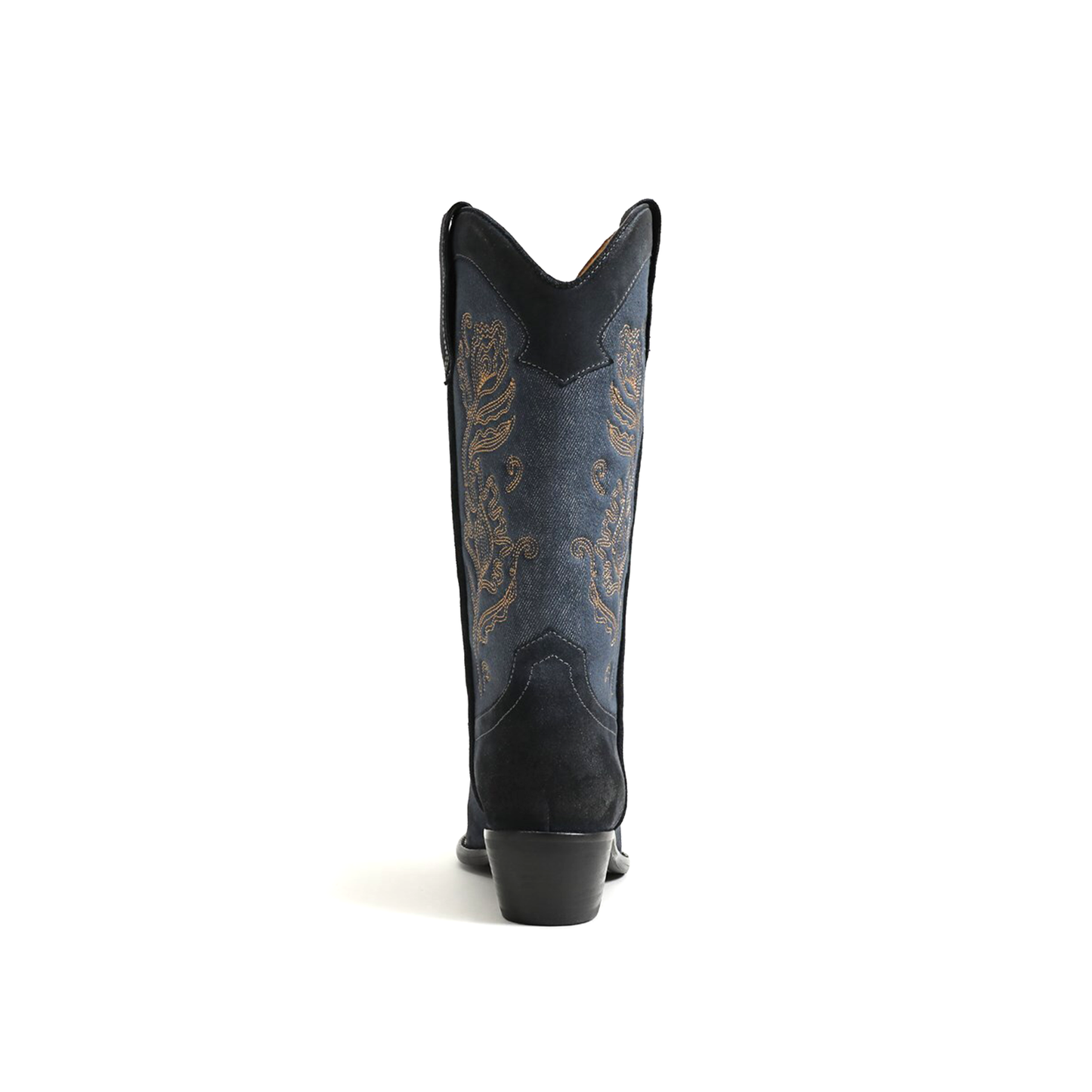 Blue Denim Almond-Toe Flowers Embroidery Mid Calf Cowgirl Boots
