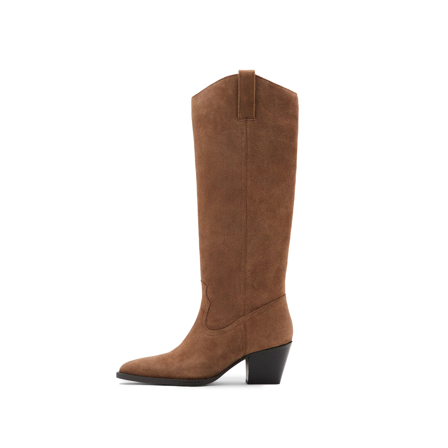 Brown Faux Suede Almond-Toe Simple Wide Calf Knee High Cowgirl Boots