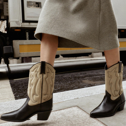 Contrast Tan And Black Pointed-Toe Embroidery Mid Calf Cowgirl Boots
