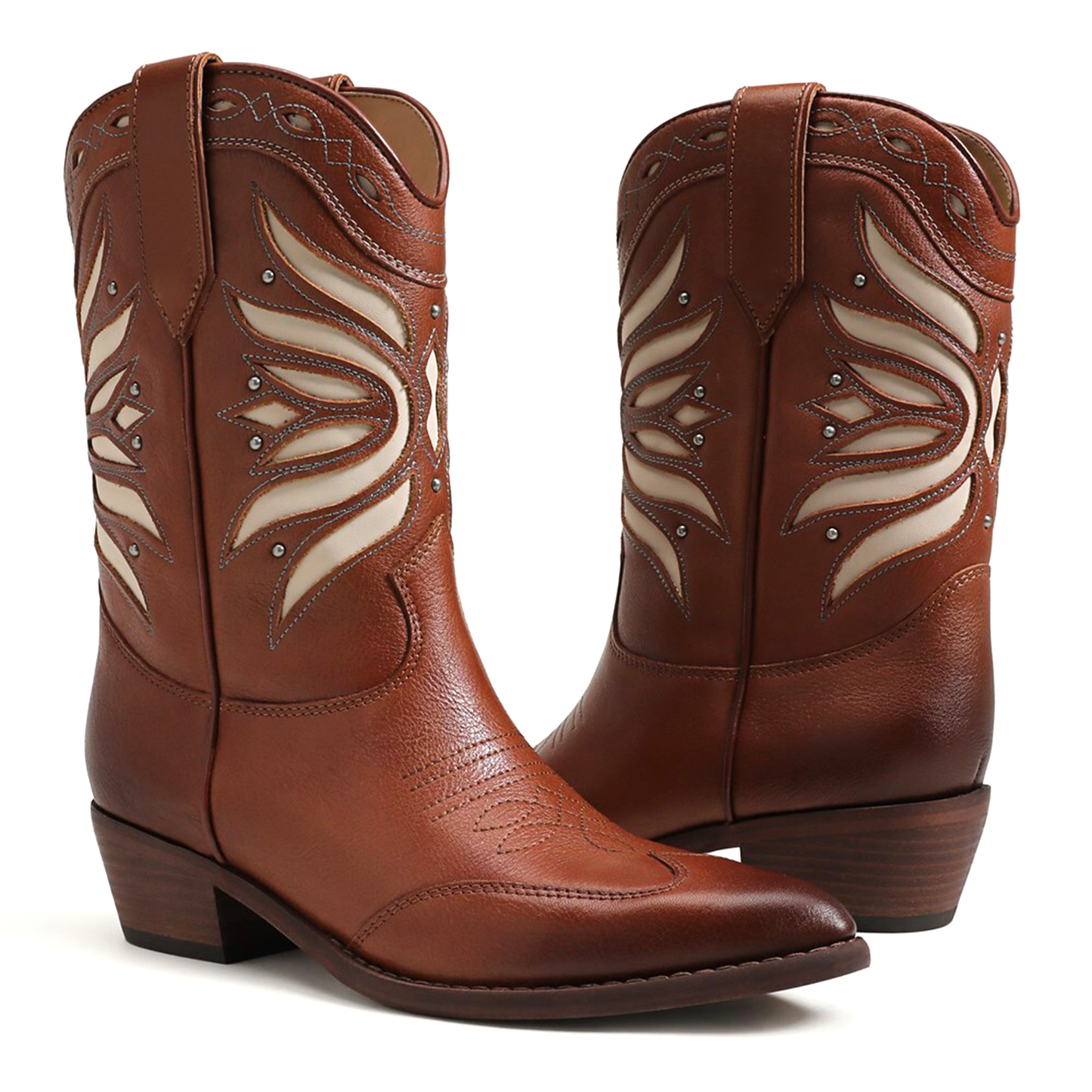 Brown Pointed-Toe Inlays Studded Mid Calf Cowgirl Boots