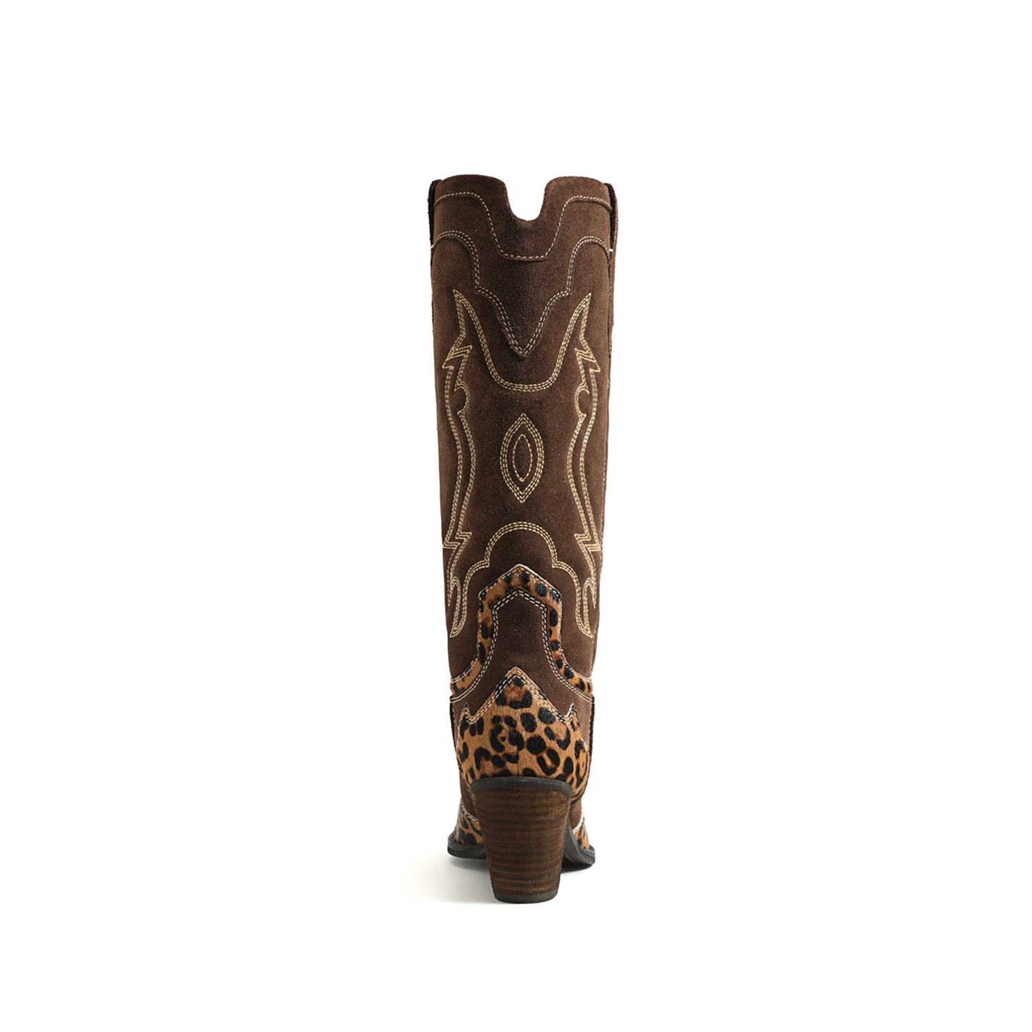 Contrast Brown And Leopard Pointed-Toe Embroidery Wide Calf Knee High Cowgirl Boots