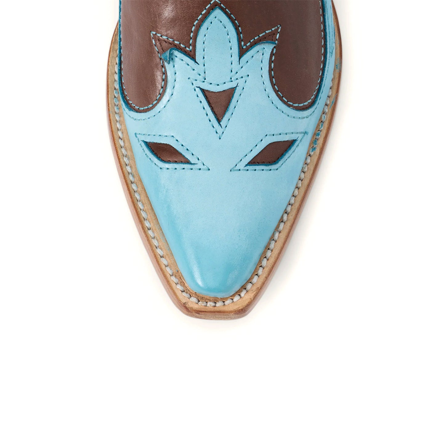 Contrast Blue And Brown Snip-Toe Embroidery Mid Calf Cowgirl Boots