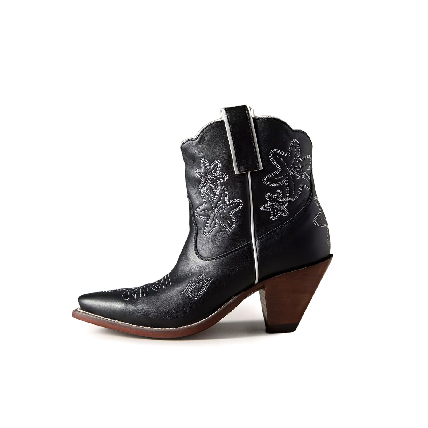 Black Snip-Toe Flower Embroidery Ankle Cowgirl Boots