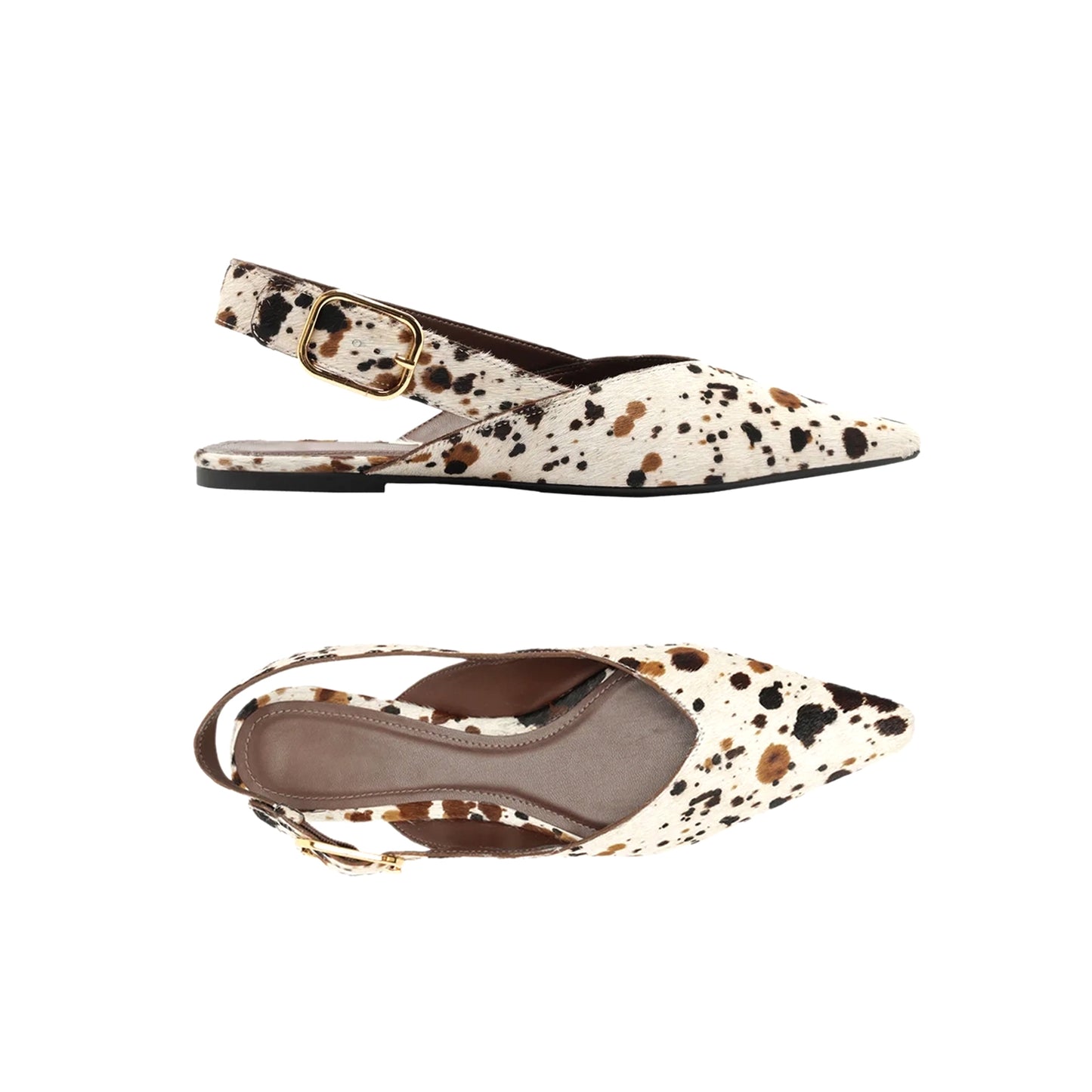 Cow Print Pony Hair Pointed-Toe Slingback Slip-On Flats