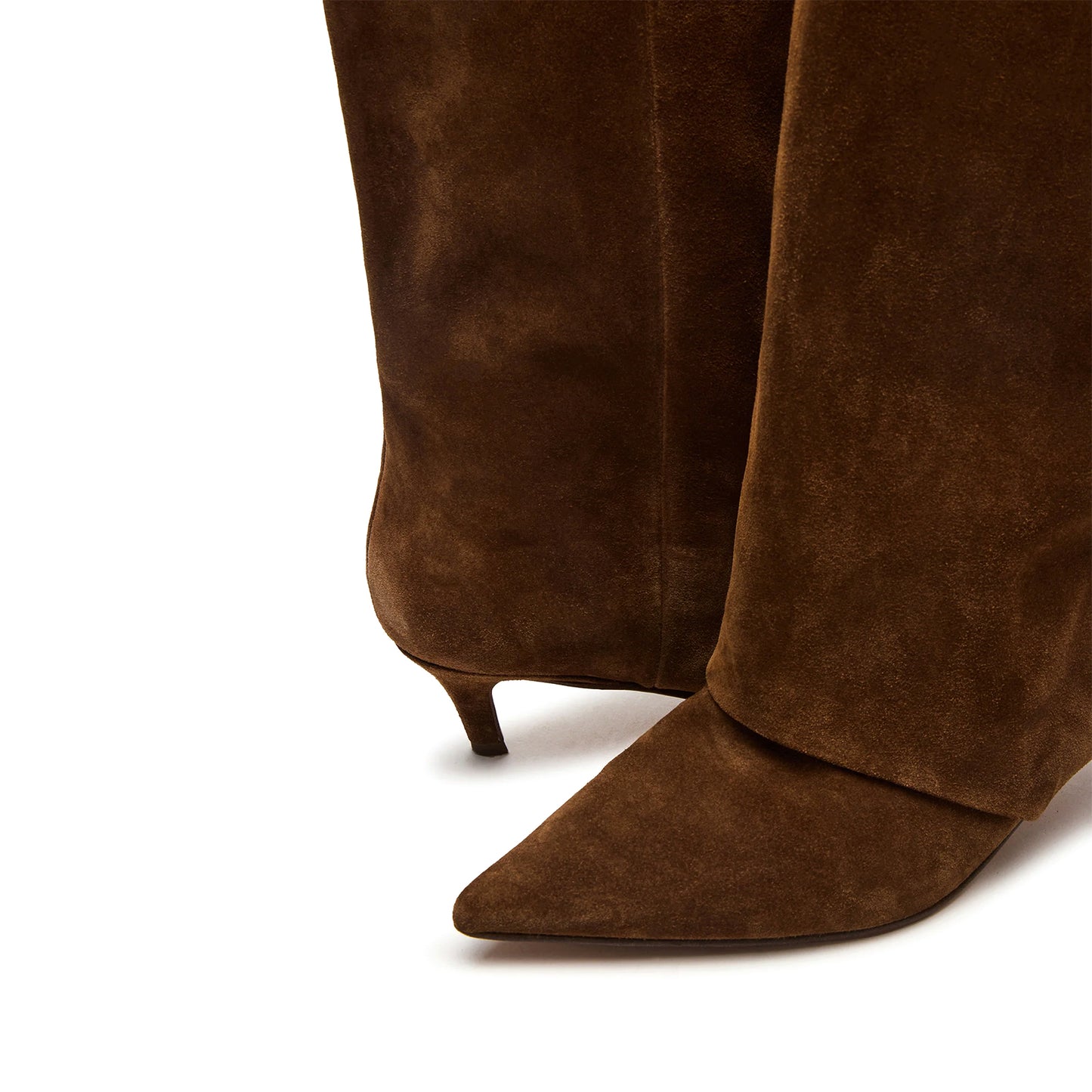 Chestnut Faux Suede Pointed-Toe Fold-Over Wide Calf Knee High Stiletto Boots