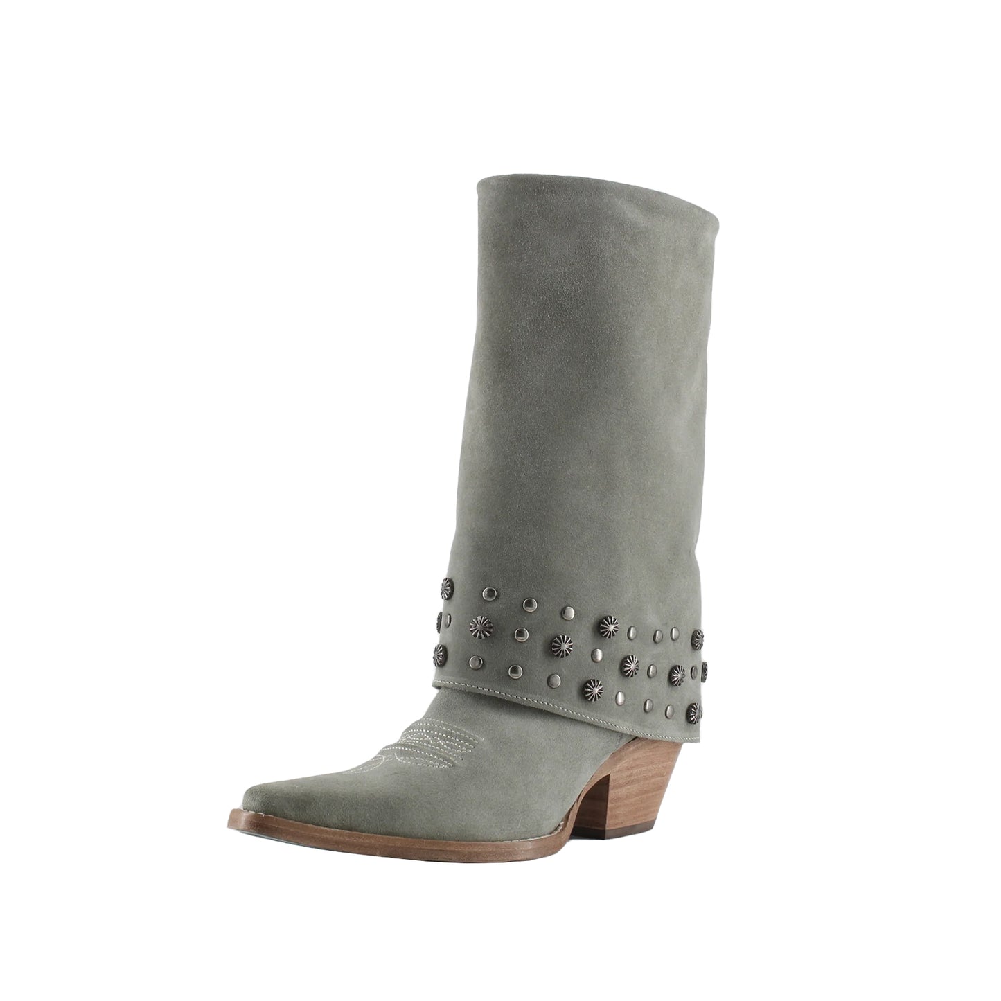 Gray Faux Suede Snip-Toe Studded Fold-Over Full-Zip Mid Calf Cowgirl Boots